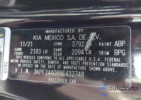 2022 Kia Forte Lxs from USA, damaged, VIN 3KPF24AD6NE432748